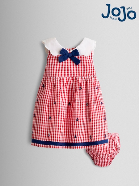 JoJo Maman Bébé Red Gingham Nautical Embroidered Sailor Baby Dress (Y16445) | ₪146 - ₪151