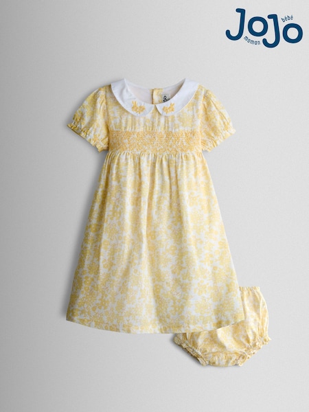 JoJo Maman Bébé Yellow Garden Floral Smocked Woven Dress (Y16458) | AED186 - AED221