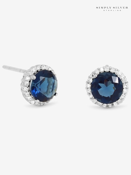 Simply Silver 925 Sterling Silver Cubic Zirconia Sapphire Halo Stud Earrings (Y16580) | €32