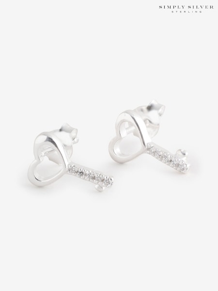 Simply Silver Sterling Silver 925 Polished Heart Key Stud Earrings (Y16605) | €33