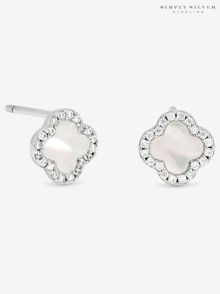 Simply Silver Silver Pave Mother of Pearl Clover Stud Earrings (Y16614) | €33