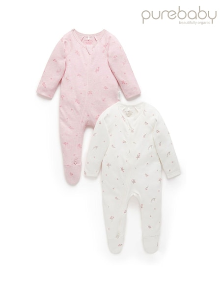 Purebaby Pale Pink Blossom Zip Baby Sleepsuits 2 Pack (Y16634) | AED163