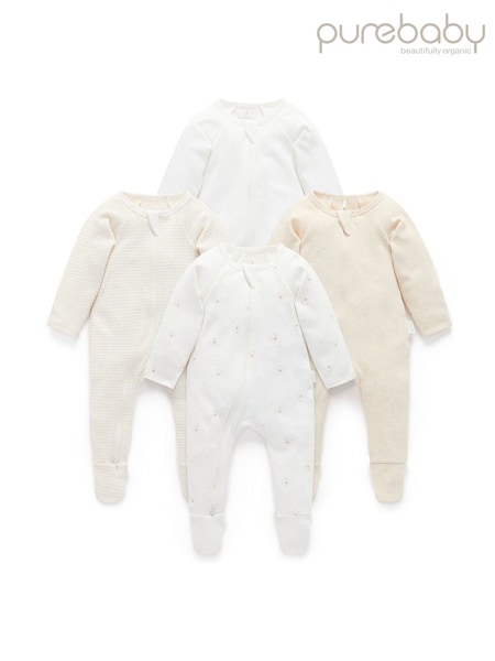 Purebaby Vanilla Bear Zip Sleepsuits 4 Pack (Y16643) | AED303