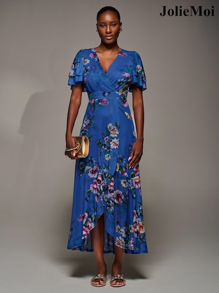Jolie Moi Blue Angel Sleeve Mesh Frill Wrap Maxi Dress (Y16645) | €113