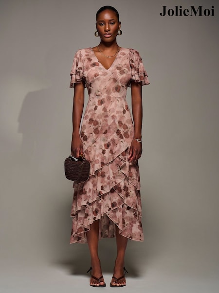 Jolie Moi Pink Angel Sleeve Ruffle Hem Mesh Midaxi Dress (Y16648) | 391 QAR