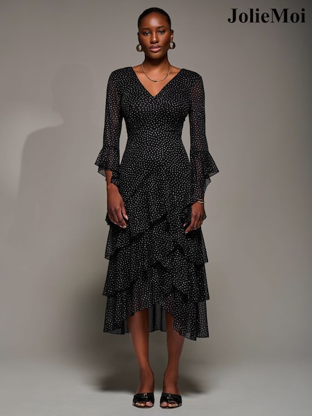 Jolie Moi Black Ruffle Sleeve Tiered Mesh Midaxi Dress (Y16650) | €105