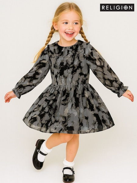 Religion Grey Amelie Smock Dress With Pretty Frill Collar In And Soft Pink Abstract Print (Y16686) | AED233