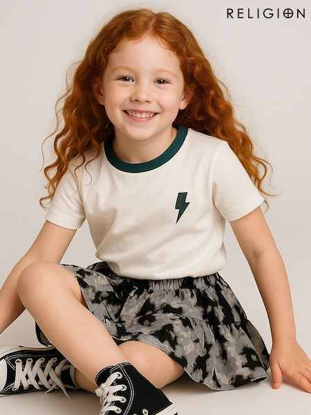 Religion White Lightning Bolt T-Shirt With Contrast Rib Neck Line And Logo On Chest (Y16698) | €22.50