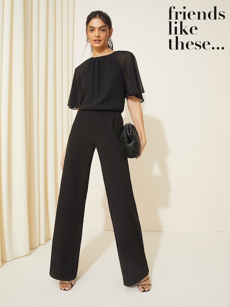 Friends Like These Black Petite Chiffon Flutter Sleeve Scuba Jumpsuit (Y17081) | $123