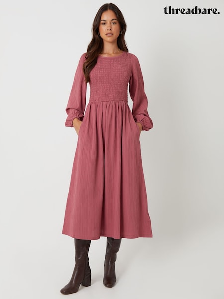 Threadbare Pink Textured Shirred Balloon Sleeve Midi Dress (Y17165) | €54