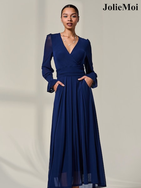 Jolie Moi Blue Long Sleeve Mesh Maxi Dress (Y17170) | 421 QAR