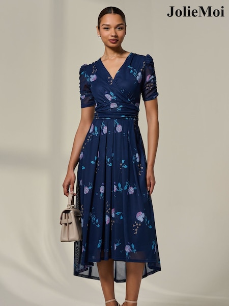 Jolie Moi Blue Petite Wrap Ruched Sleeve Midi Dress (Y17176) | €101