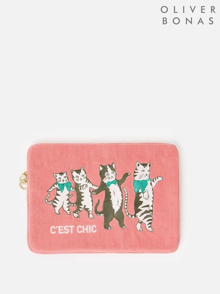 Oliver Bonas Pink Corduroy Dancing Cat Laptop Case (Y17193) | R$ 355