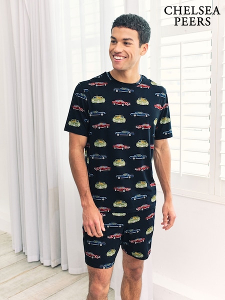 Chelsea Peers Blue Driving Leopards Print Short Pyjamas Set (Y17275) | €42