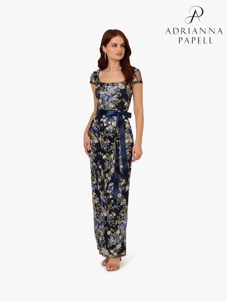 Adrianna Papell Blue Cascading Floral Column Gown (Y17297) | 1,282 QAR