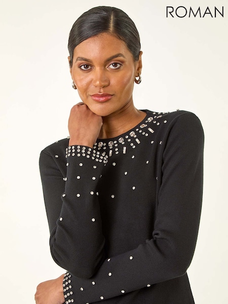 Roman Black Embellished Neck Jumper (Y17314) | €56