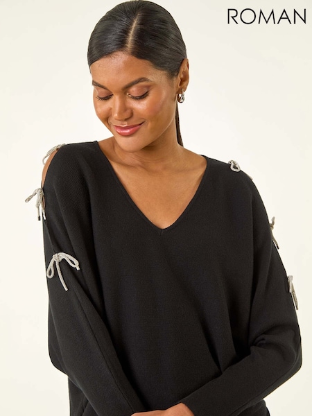 Preto - Roman Bow Sleeve V-Neck Knit Top (Y17328) | R$ 510