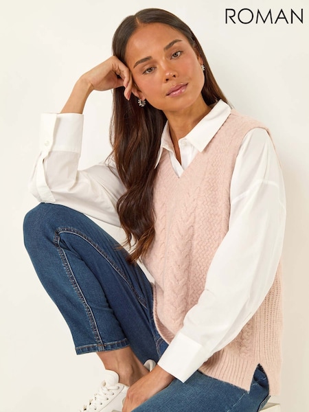 Roman Light Pink Cableknit Knitted Vest (Y17433) | €45