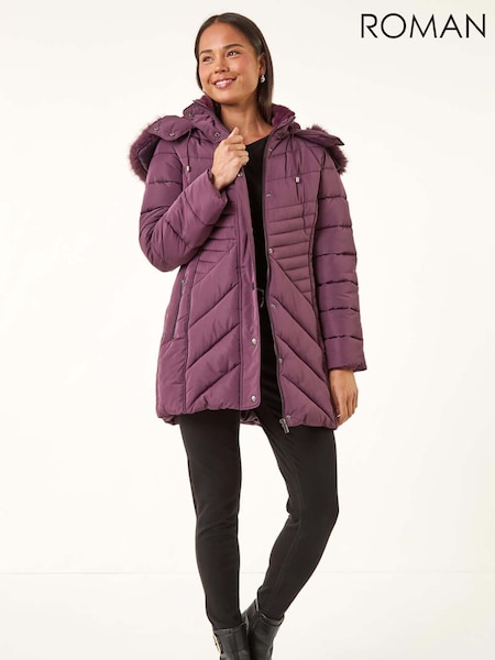 Roman Purple Faux Fur Hood Longline Quilted Coat (Y17449) | €156