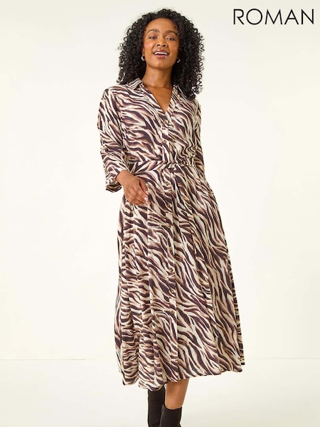 Roman Brown Petite Animal Print Midi Shirt Dress (Y17450) | €77