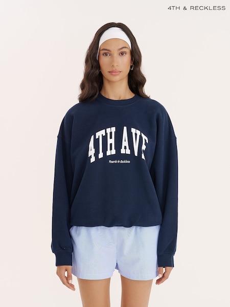 4th & Reckless Blue Slogan Oversized Sweatshirt- Avenue (Y17482) | €53