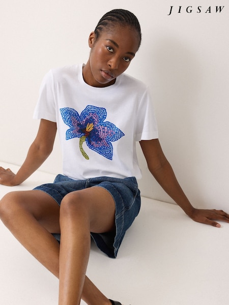 Jigsaw White Crochet Lily Print T-Shirt (Y17514) | €69