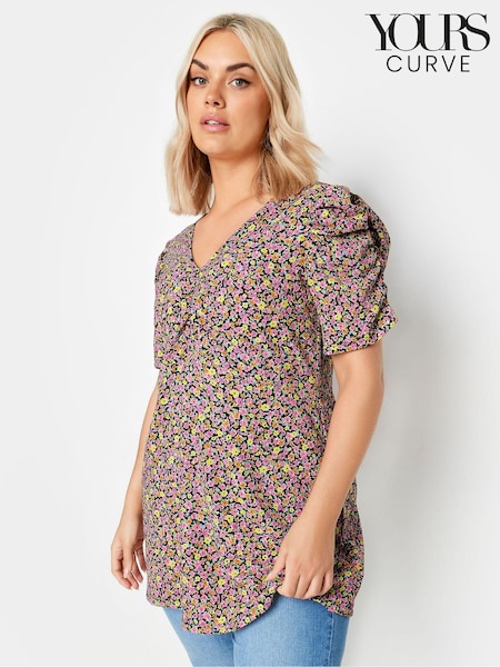 Yours Curve Orange Floral Print Textured Milkmaid Top (Y17579) | €15.50