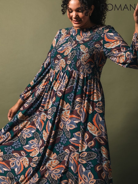 Roman Blue Curve Floral Print Shirred Midi Dress (Y17703) | €63