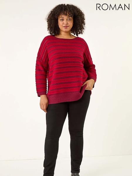 Roman Red Curve Crochet Stripe Knit Jumper (Y17708) | 309 QAR