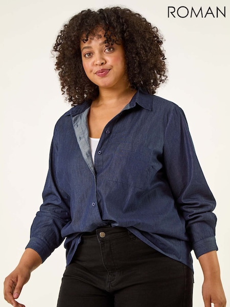 Roman Blue Curve Cotton Button Blouse (Y17715) | €56