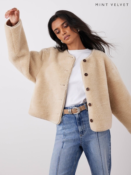 Mint Velvet Tan Borg Collarless Jacket (Y17757) | ‏990 د.إ.‏