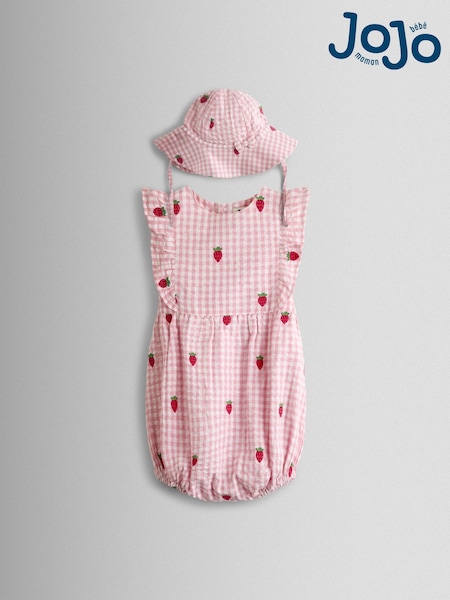 JoJo Maman Bébé Pink Strawberry Embroidered Frill Romper & Hat Set (Y17759) | SGD 58 - SGD 62