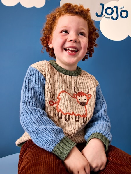 JoJo Maman Bébé Natural Highland Cow Embroidered Tractor Jumper (Y17928) | $65 - $70