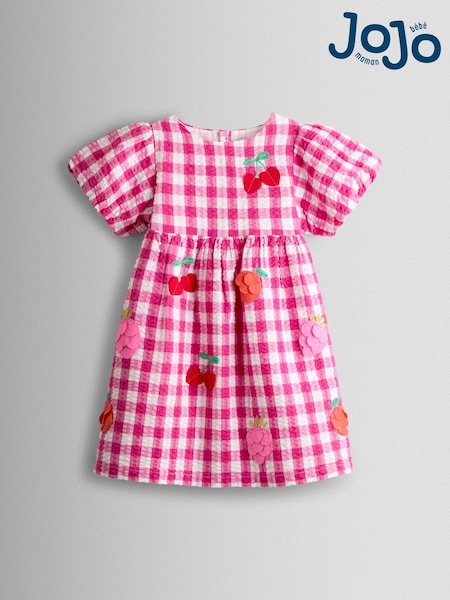 JoJo Maman Bébé Fuchsia Pink Gingham Fruit Appliqué Puff Sleeve Dress (Y17938) | AED160 - AED179