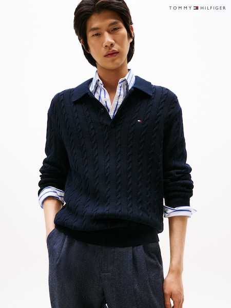 Tommy Hilfiger Blue Regular Fit Cable Knit Long Sleeve Polo Shirt (Y17945) | 594 QAR