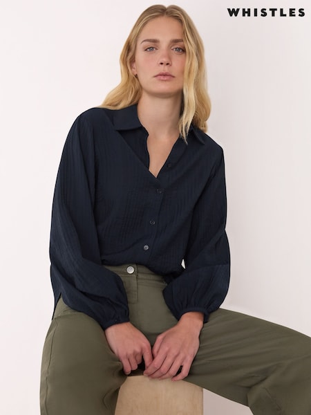 Whistles Blue Textured Relaxed Viscose Shirt (Y17954) | €126