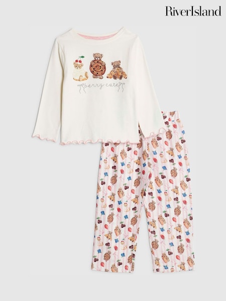 River Island Cream Beary Cute Long Sleeve Pyjama Top & Bottom Set (Y17971) | €20