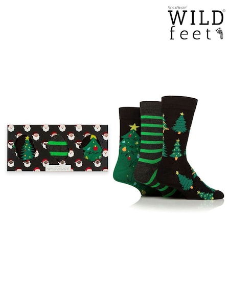Wild Feet Black Neon Christmas Tree In Santa Socks 3 Pack (Y17998) | AED82