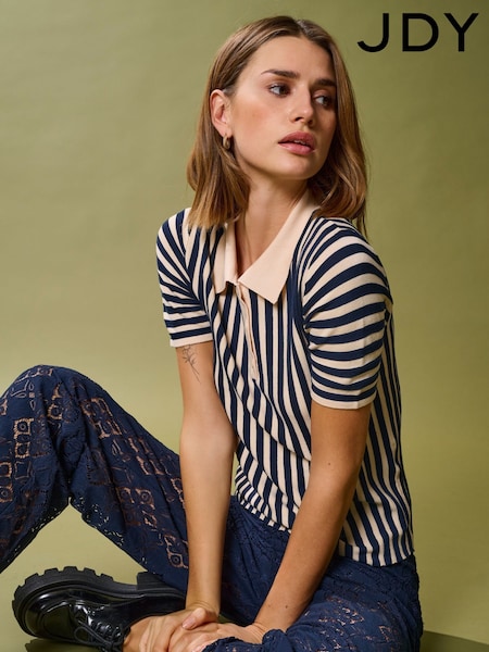 JDY Blue Striped Knitted Polo Top (Y18369) | € 41