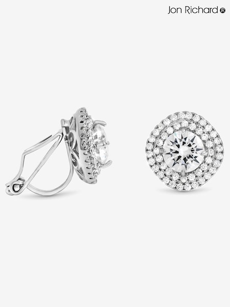 Jon Richard Metallic Rhodium Plated Double Halo Crystal Clip Earrings (Y18416) | €27