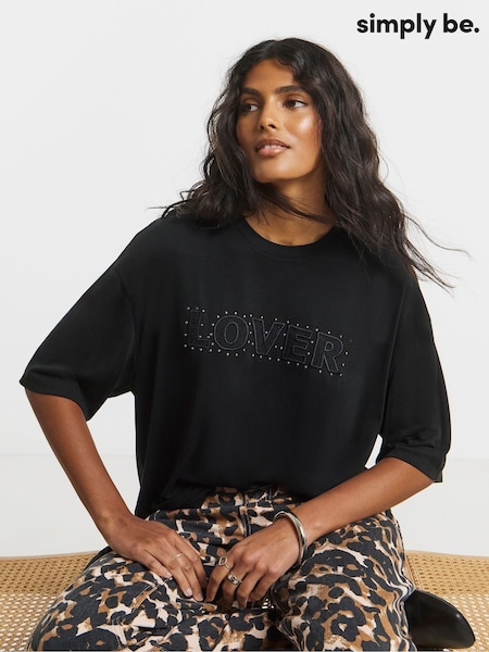 Simply Be Black Lover Studded Detail Modal T-Shirt (Y18452) | 129 QAR