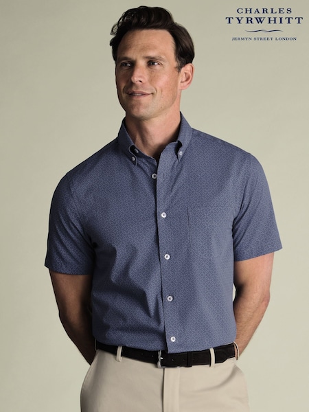 Charles Tyrwhitt Blue Denim Non Iron Stretch Geo Print Slim Fit Shirt (Y18516) | €93
