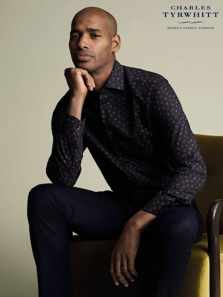 Charles Tyrwhitt Grey Non-Iron Stretch Bird Print Slim Fit Shirt (Y18519) | €99