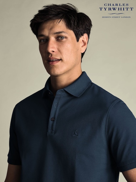 Charles Tyrwhitt Blue Teal Solid Short Sleeve Cotton Stretch Pique Polo Shirt (Y18544) | €78