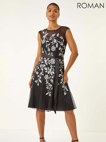Roman Black Embroidered Tie Waist Midi Dress (Y18662) | €118