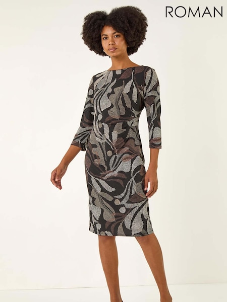 Roman Brown Abstract Print Ruched Midi Stretch Dress (Y18665) | €66