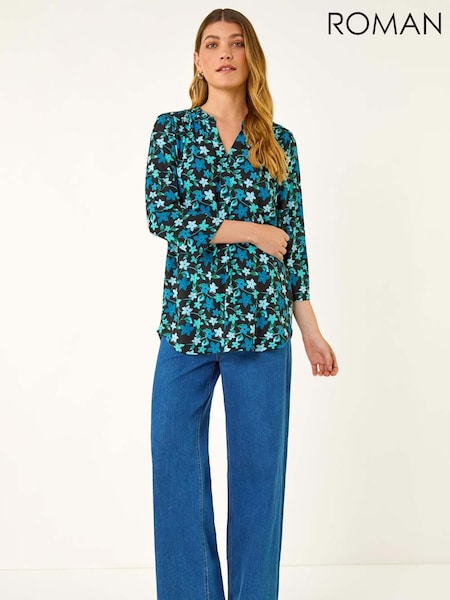 Roman Blue Abstract V-Neck Stretch Blouse (Y18667) | €71