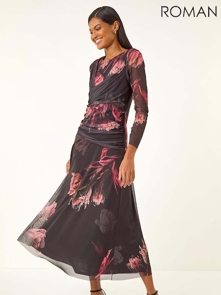 Roman Black Floral Mesh Stretch Midi Dress (Y18674) | €90