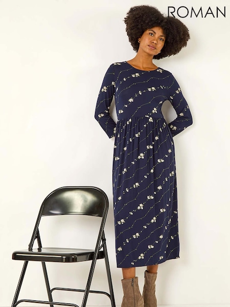 Roman Blue Floral Gathered Waist Midi Dress (Y18683) | €60