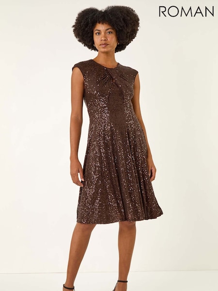 Roman Brown Sequin Twist Front Stretch Dress (Y18685) | €93